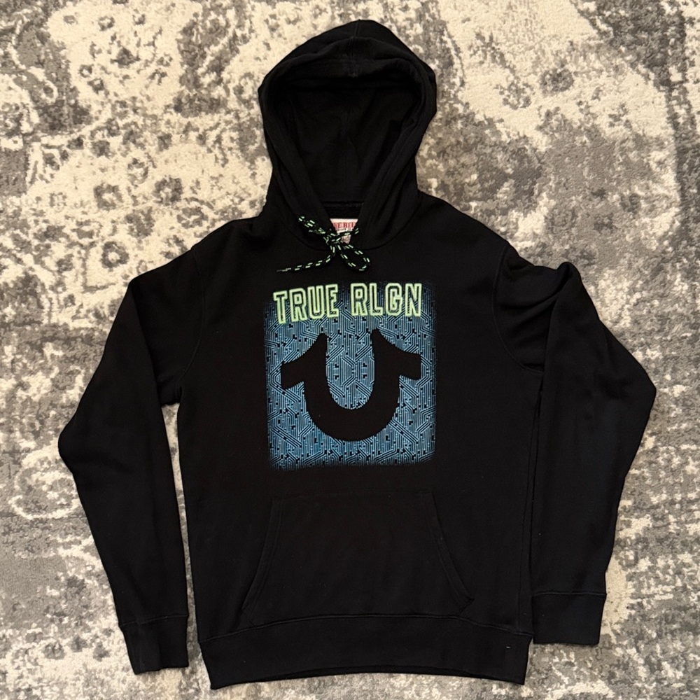 True Religion Men Black and Blue Graphic Hoodie